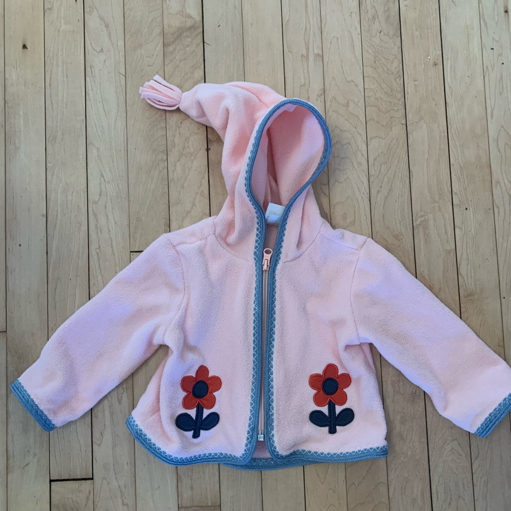 Hanna Andersson Pink Springtime Flower Fleece Jacket with Pointed Hood.  6-12m